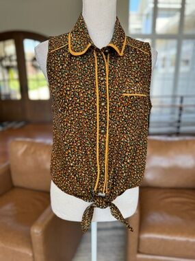 Mine button down mustard piping tie waist blouse